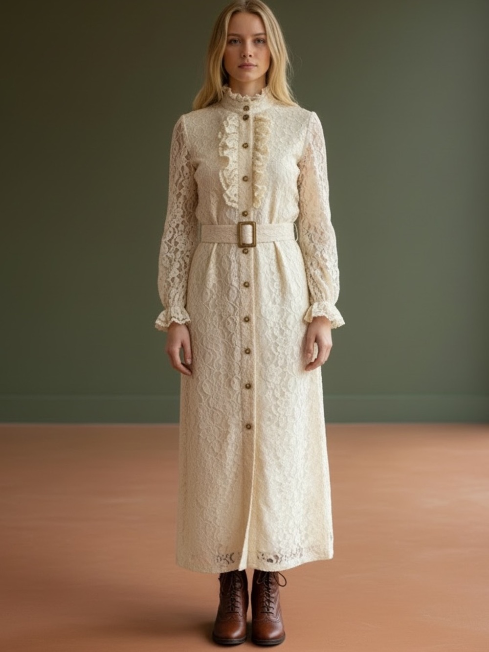 Vtg 60s Samuel Grossman Ivory Lace Ruffle Maxi Shirt Dress Sz 6 Romantic ~ As Is